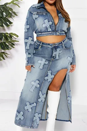 Sexy Denim Cross 2pc Jacket & Maxi Skirt Set