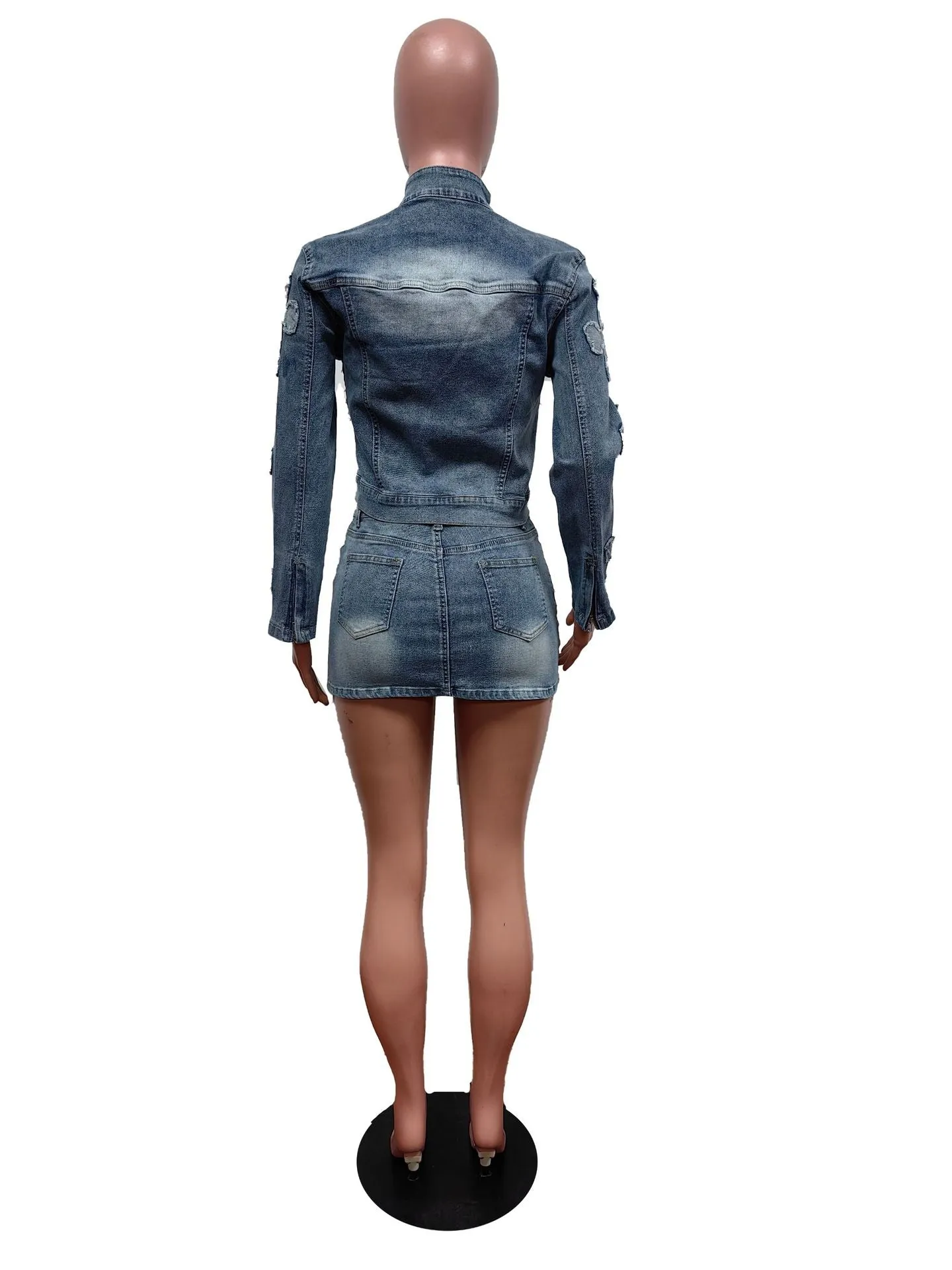 Sexy Denim Cross 2pc Jacket & Mini Skirt Set