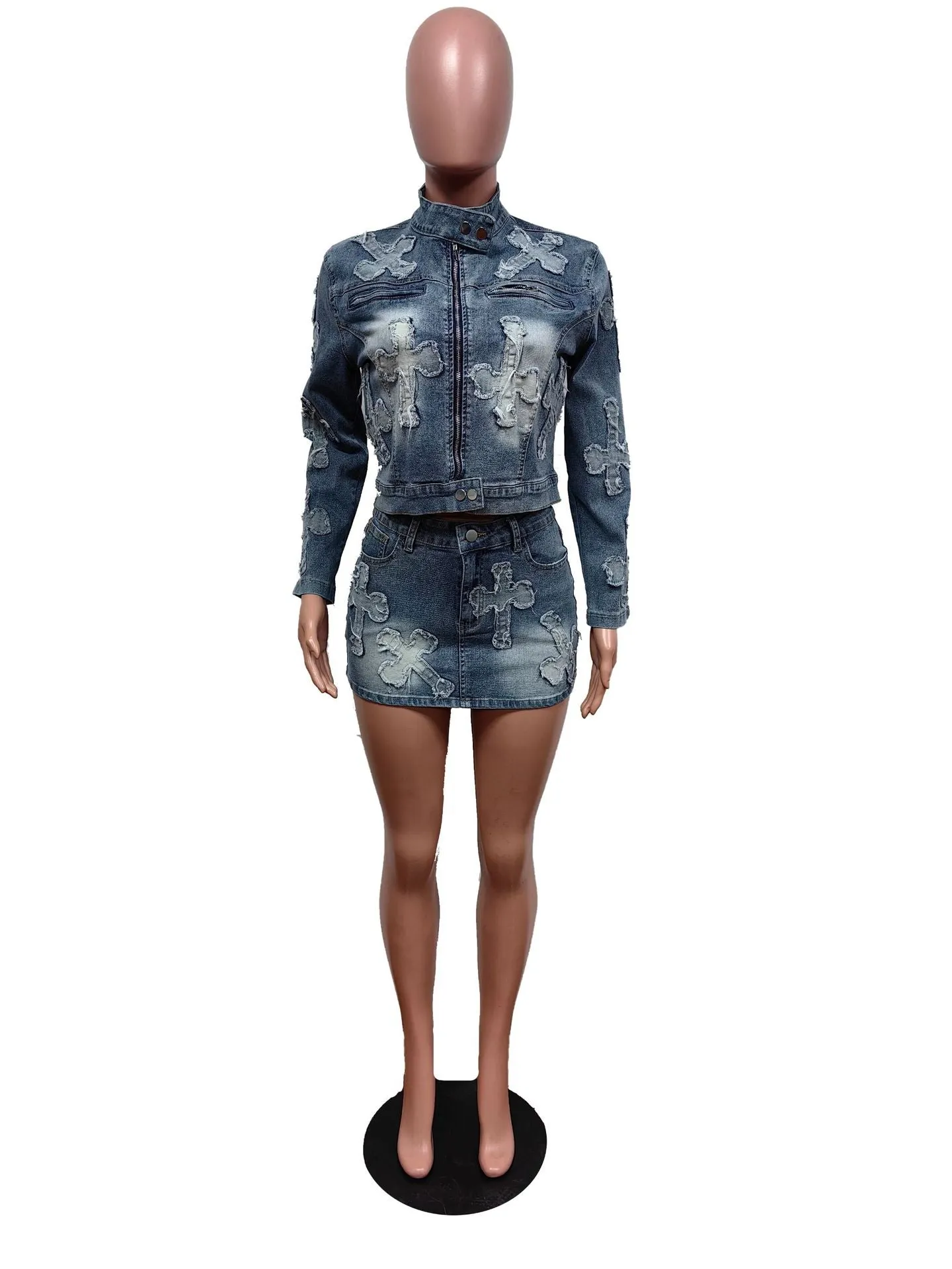 Sexy Denim Cross 2pc Jacket & Mini Skirt Set