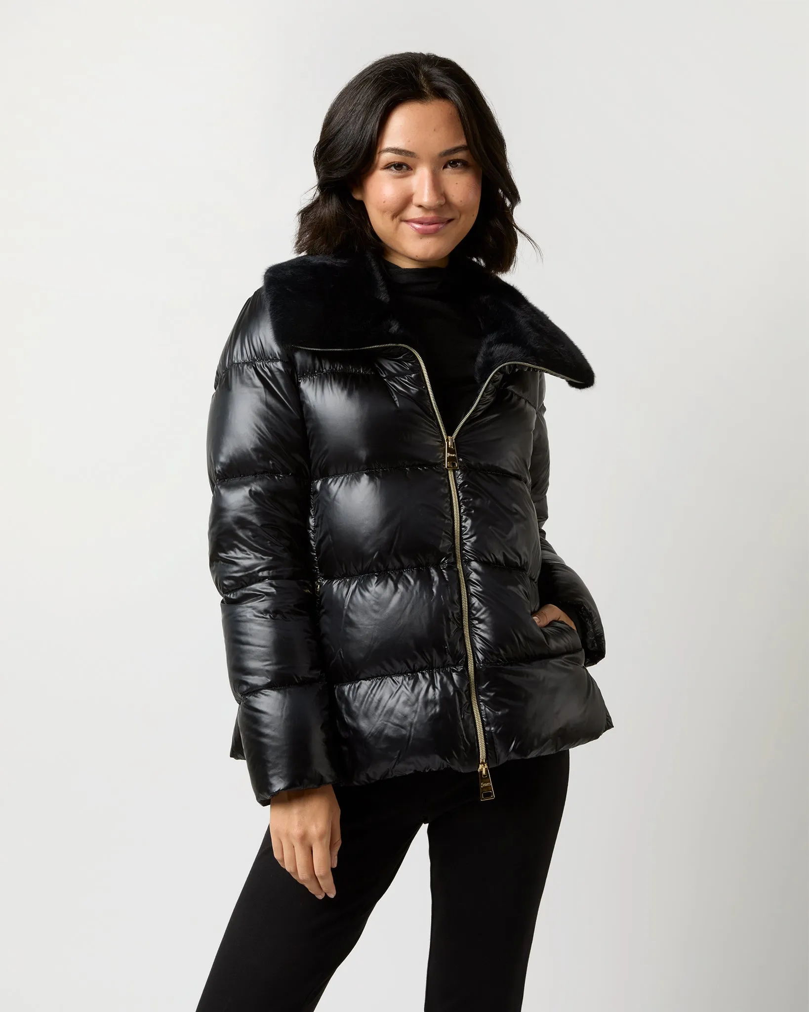 Shiny Nylon Short Jacket With Faux Fur in Black