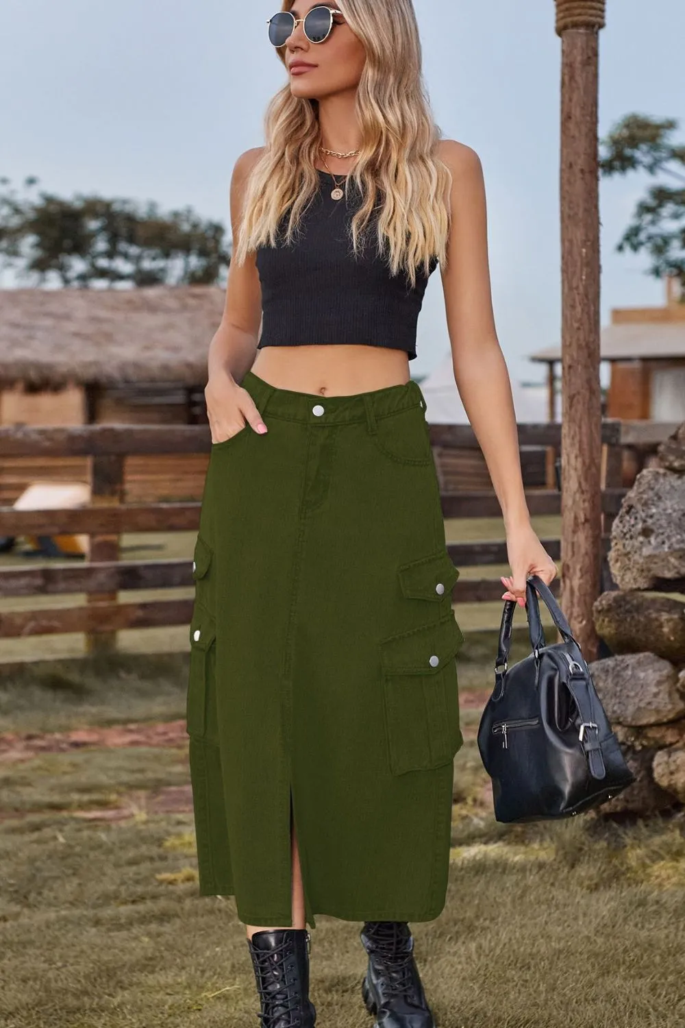 Slit Front Midi Denim Skirt with Pockets Cargo Skirts New Women's Fashion Maxi