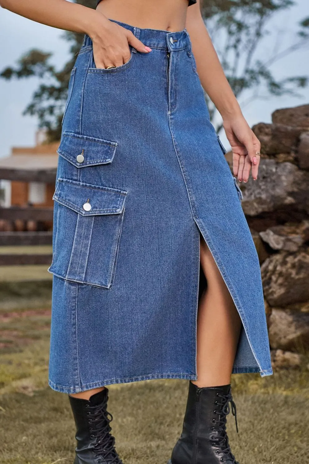 Slit Front Midi Denim Skirt with Pockets Cargo Skirts New Women's Fashion Maxi