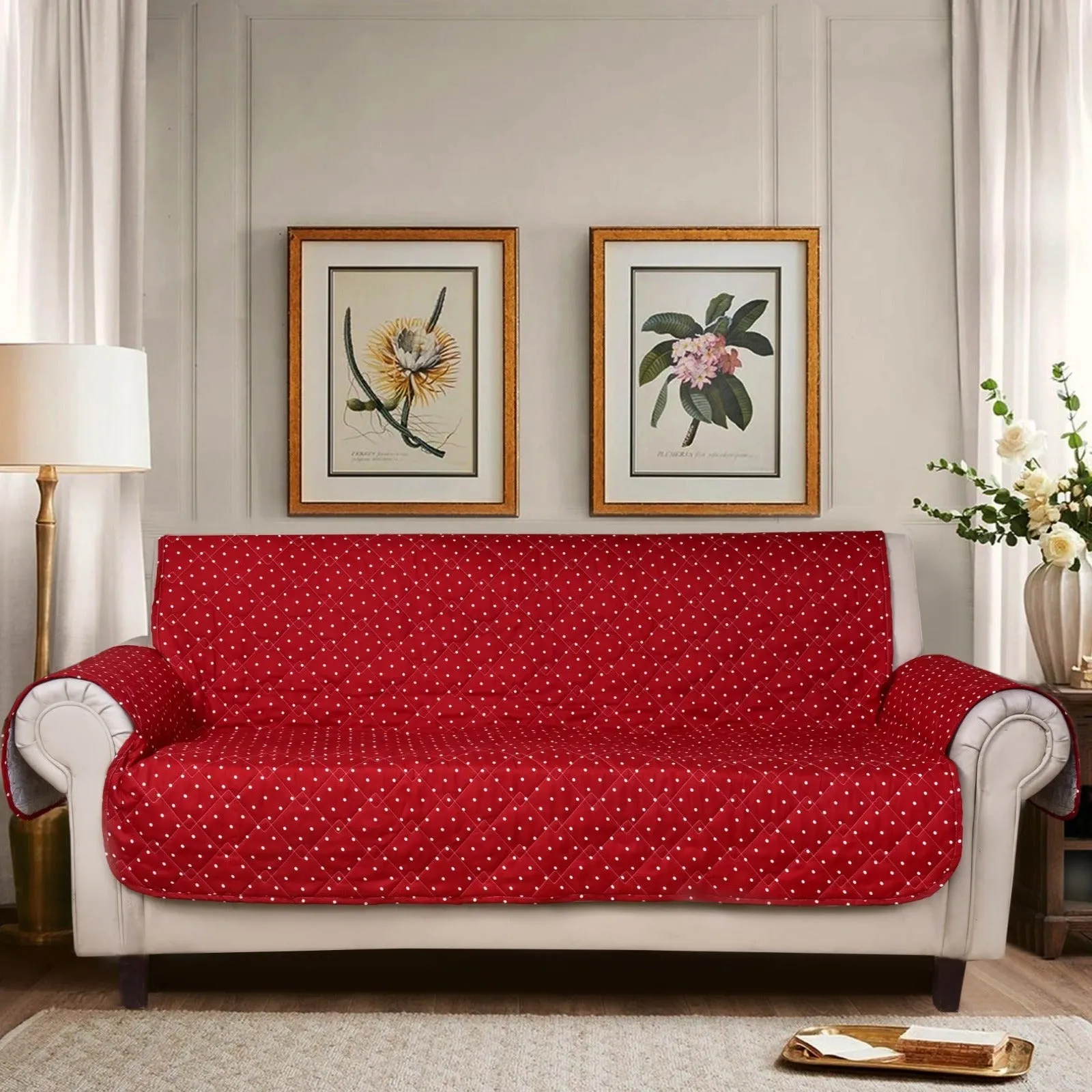 Sofa Cover-Maroon Polka With Pockets