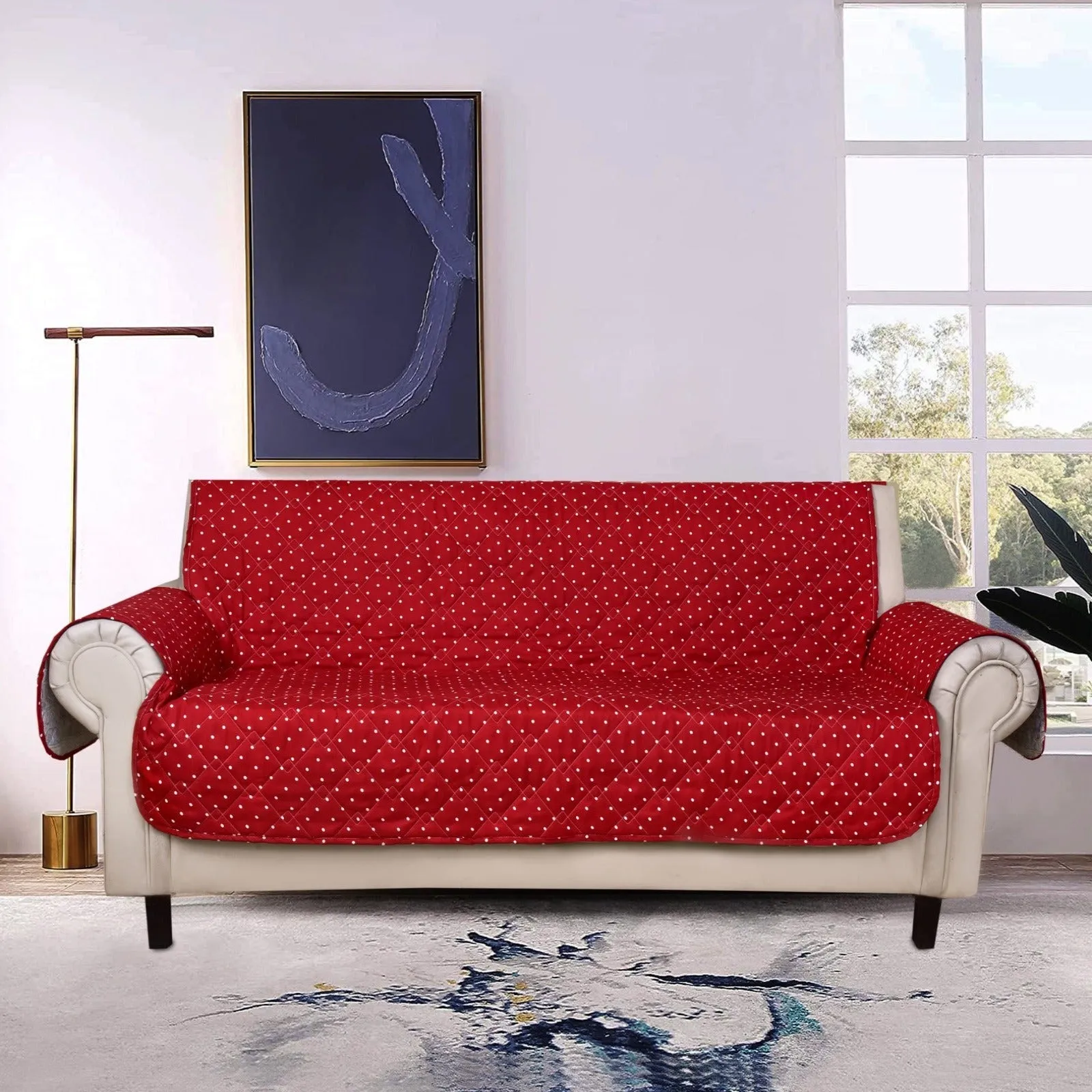 Sofa Cover-Maroon Polka With Pockets