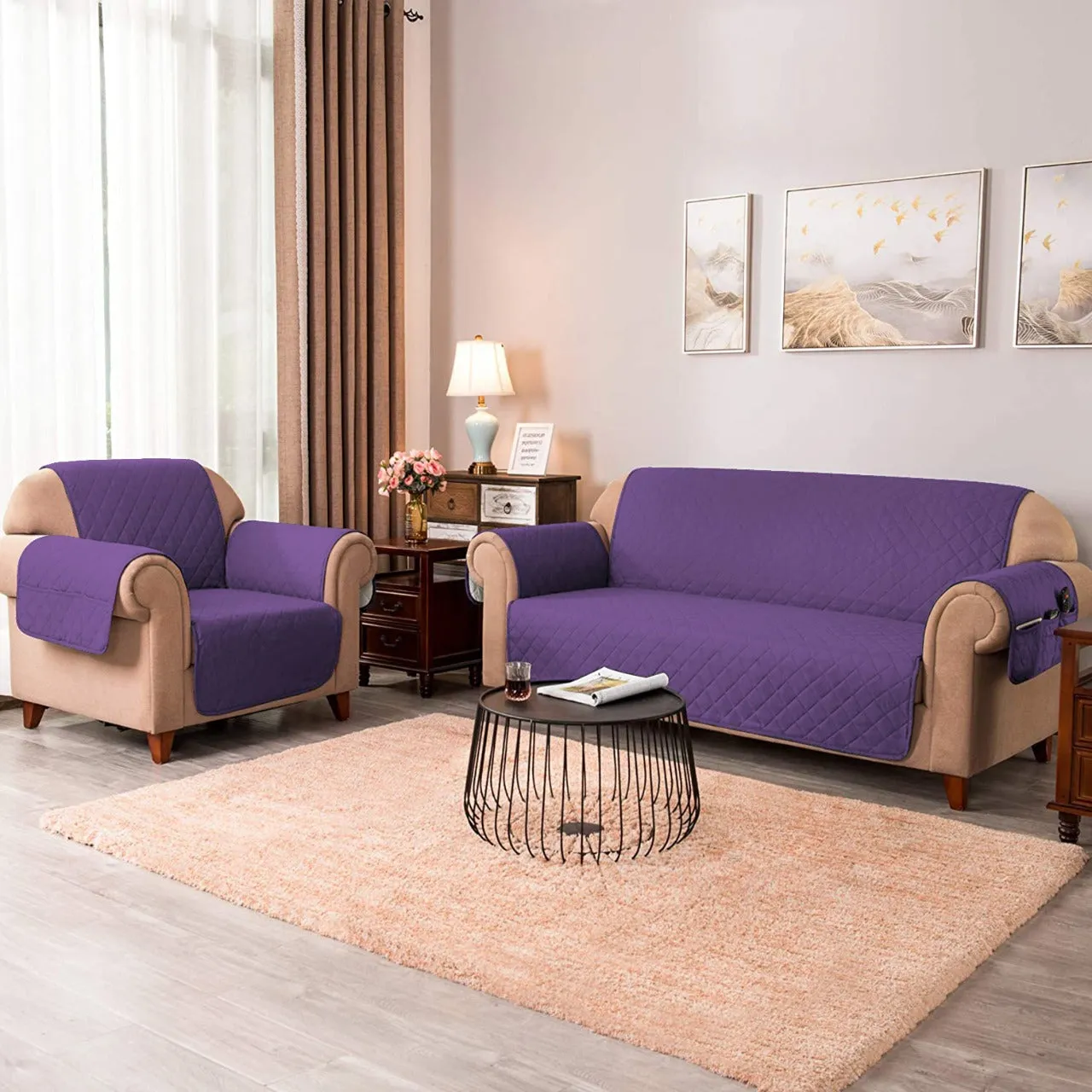 Sofa Cover-Purple with Pockets