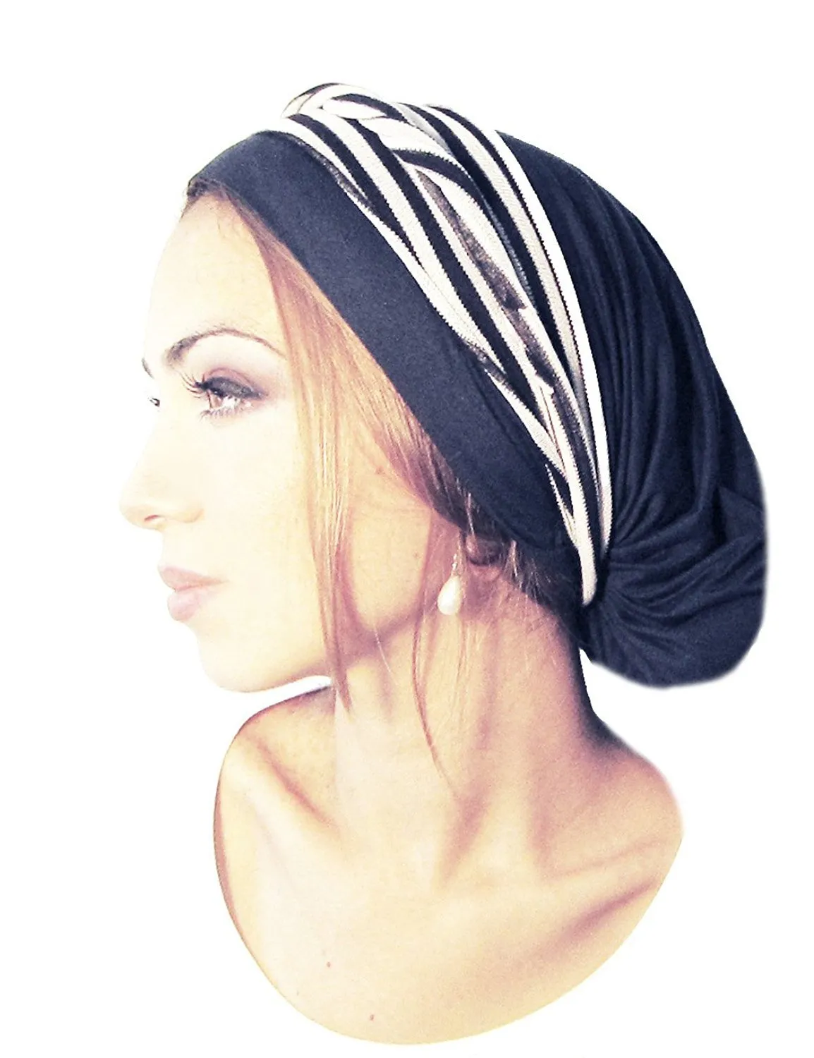 Soft Pre-tied Navy Blue Head-scarf Snood with Black & White Stripe Wrap - 093