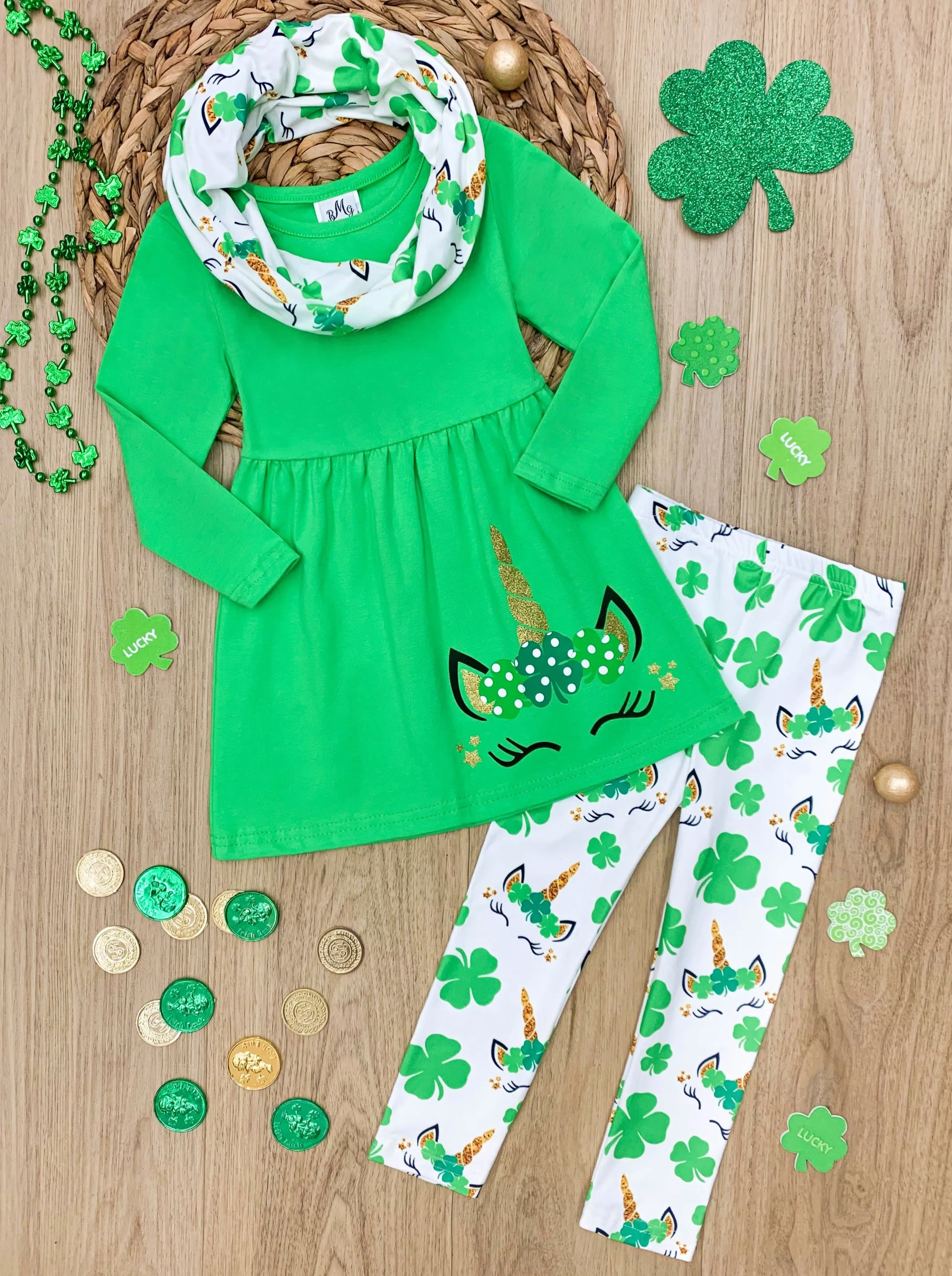 St. Patty's Unicorn Tunic, Scarf And Legging Set