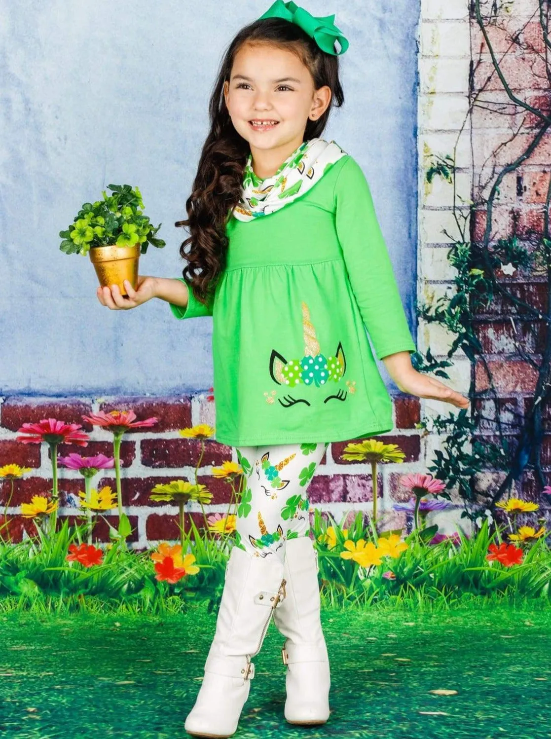 St. Patty's Unicorn Tunic, Scarf And Legging Set