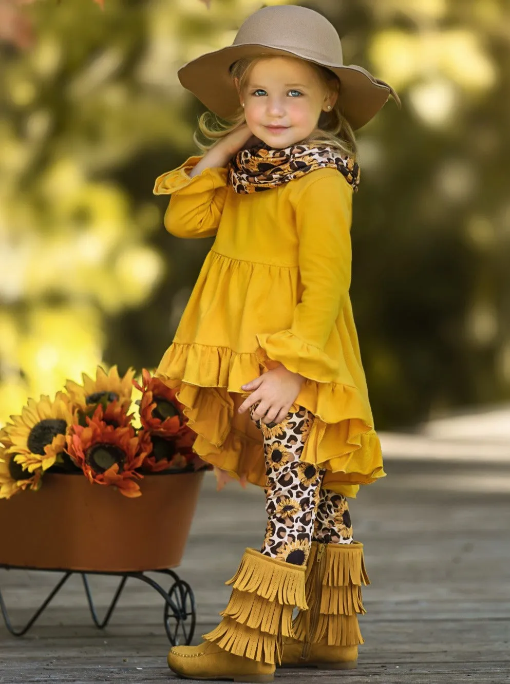 Sunflower Leopard Print Tunic, Legging And Scarf Set