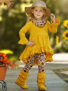 Sunflower Leopard Print Tunic, Legging And Scarf Set