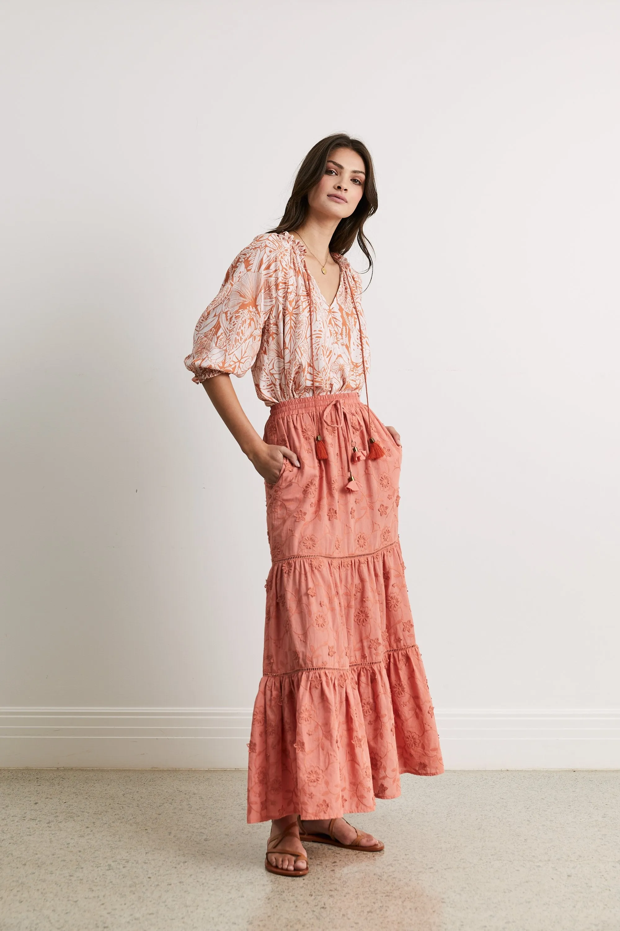 Tabitha Tiered Maxi Skirt in Terracotta