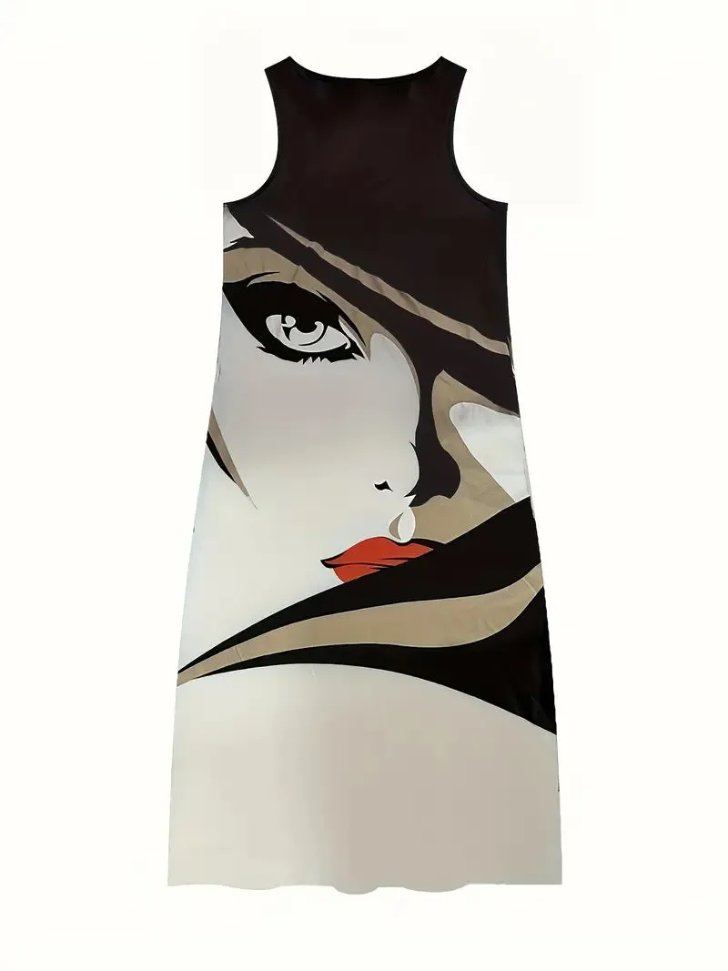 TastyHottie - Fashion Eye Figure Print Notched Neck Dress