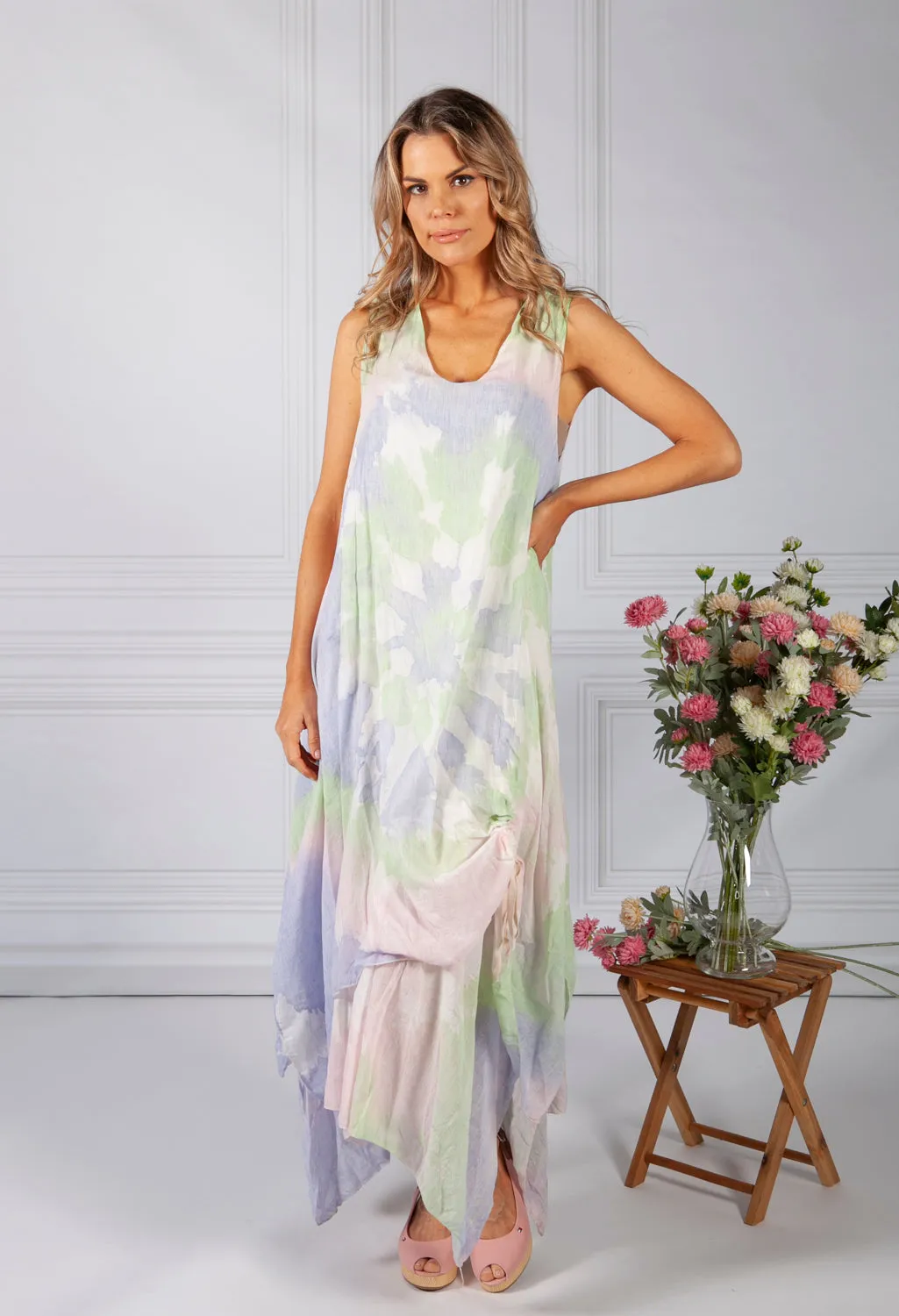 Tie Dye Boho Dress in Pink and Green