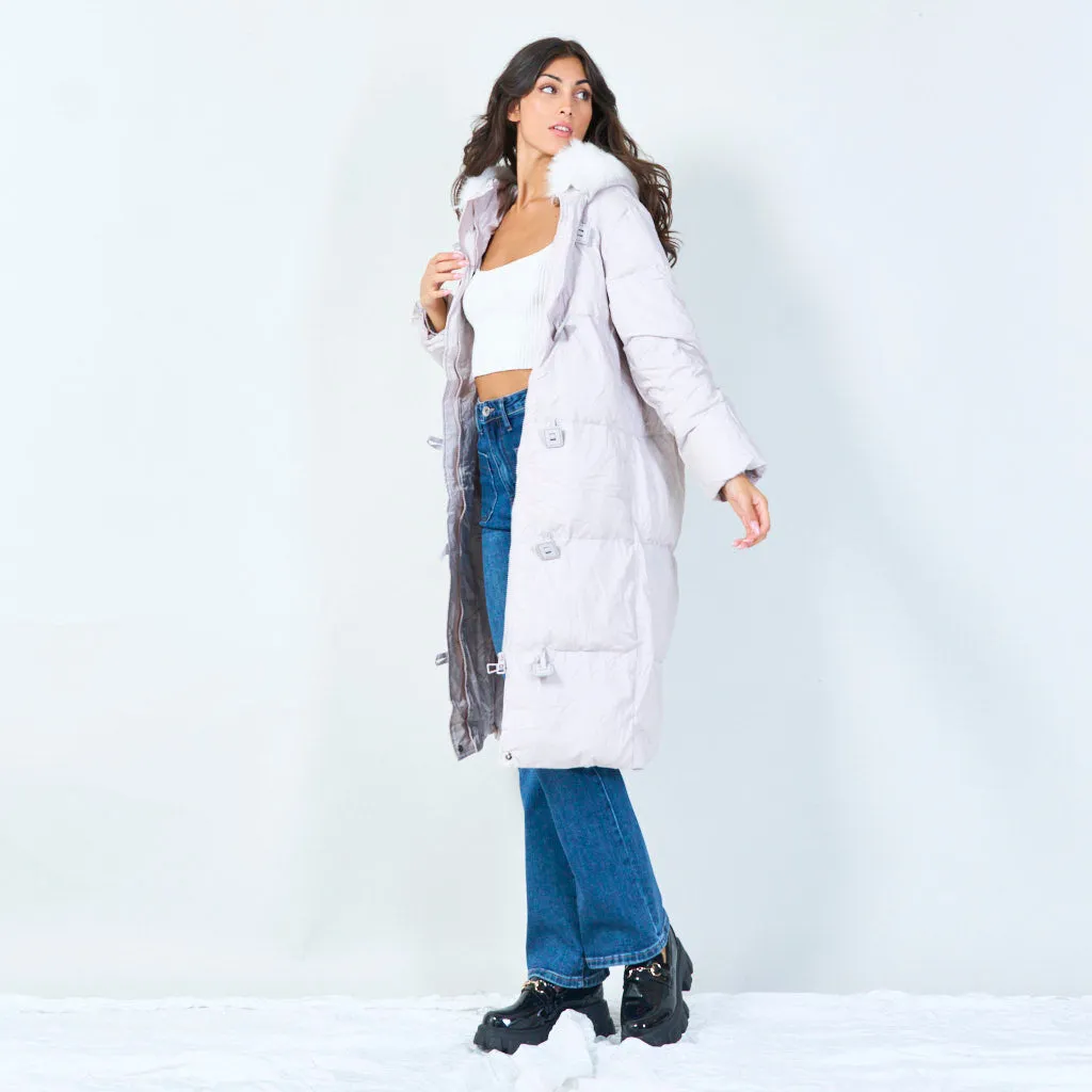 Toggle-front long parka with faux fur hood wholesale