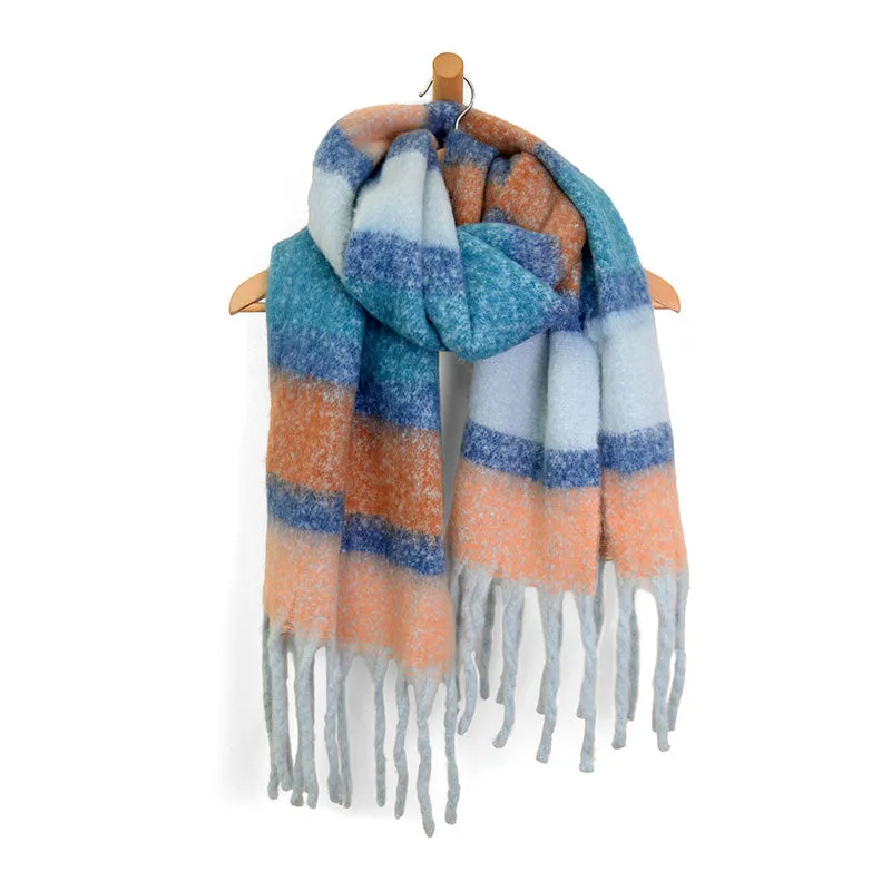 Wide Blue & Orange Fringe Scarf by Joy Susan