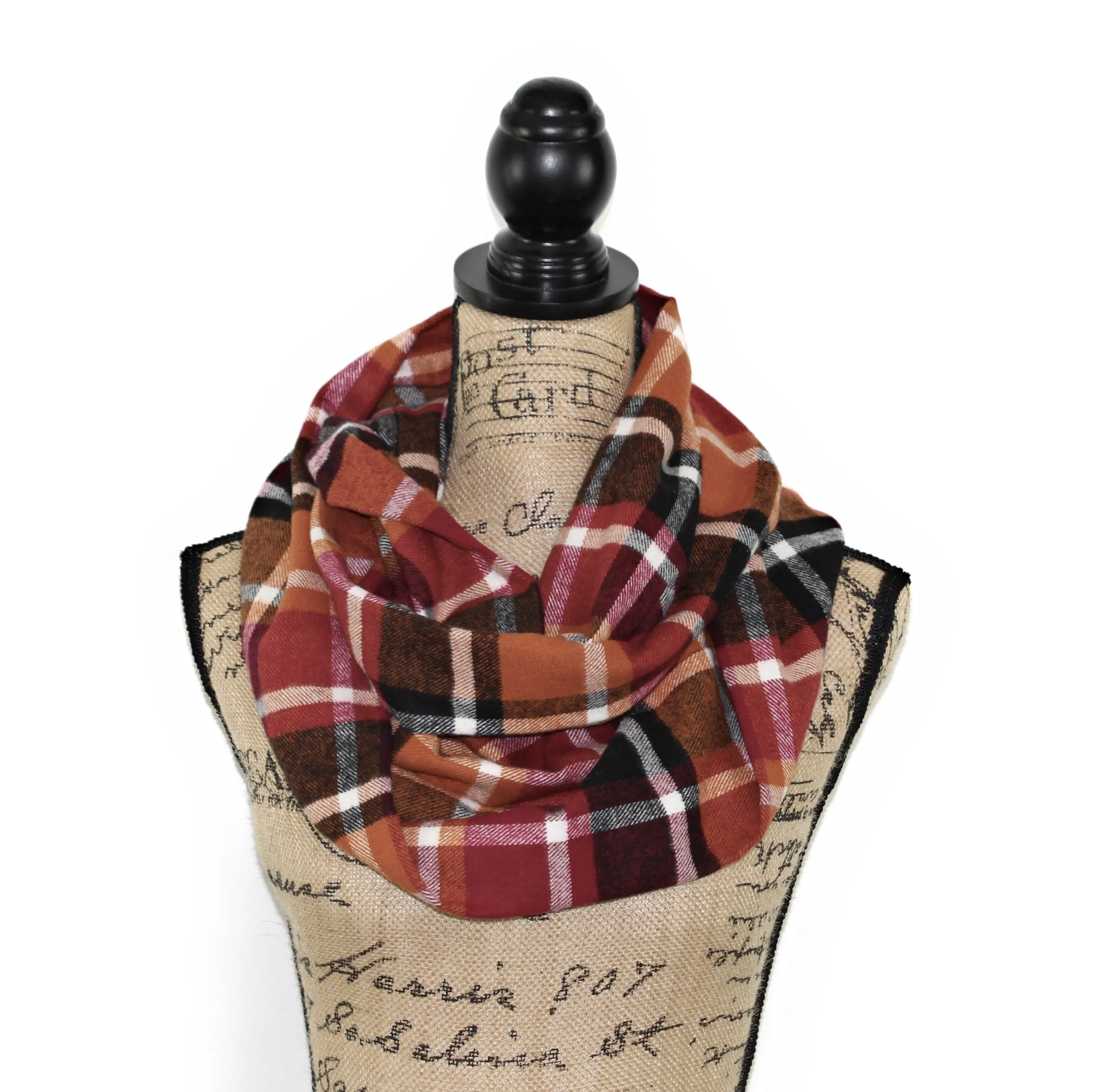 Wine Red, Pumpkin Orange, Black and White Flannel Plaid Infinity or Blanket Scarf Autumn Wrap