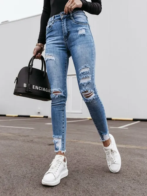 Women High Waist Skinny Stretch Ripped Destroyed Denim Pants