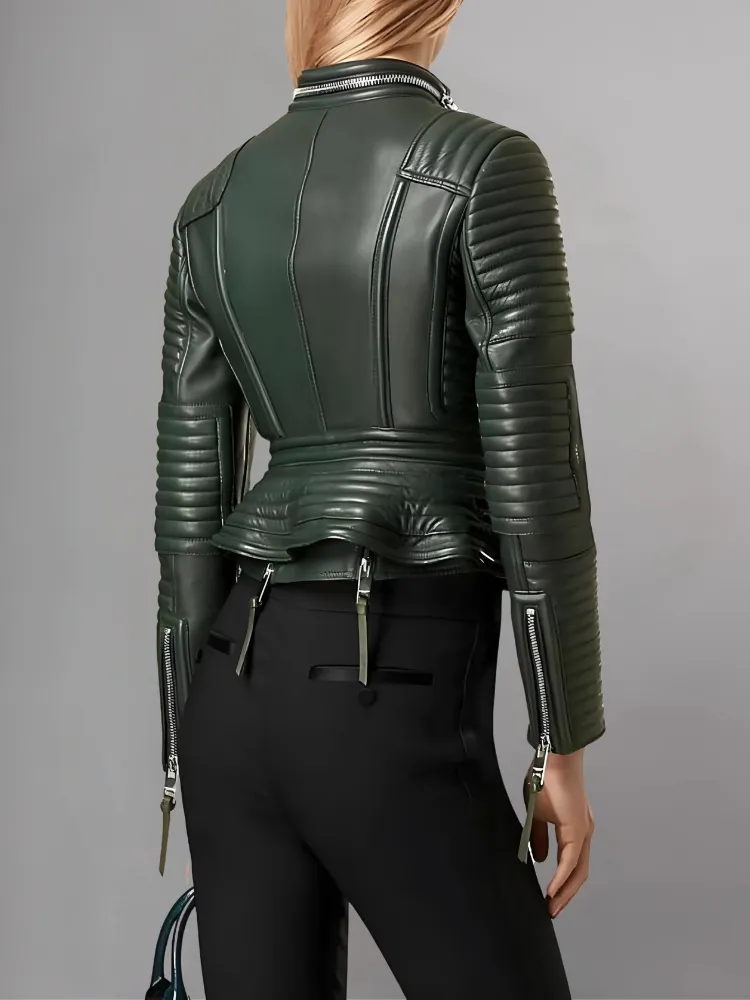 Women Lambskin Stylish Motorcycle Green Leather Jacket