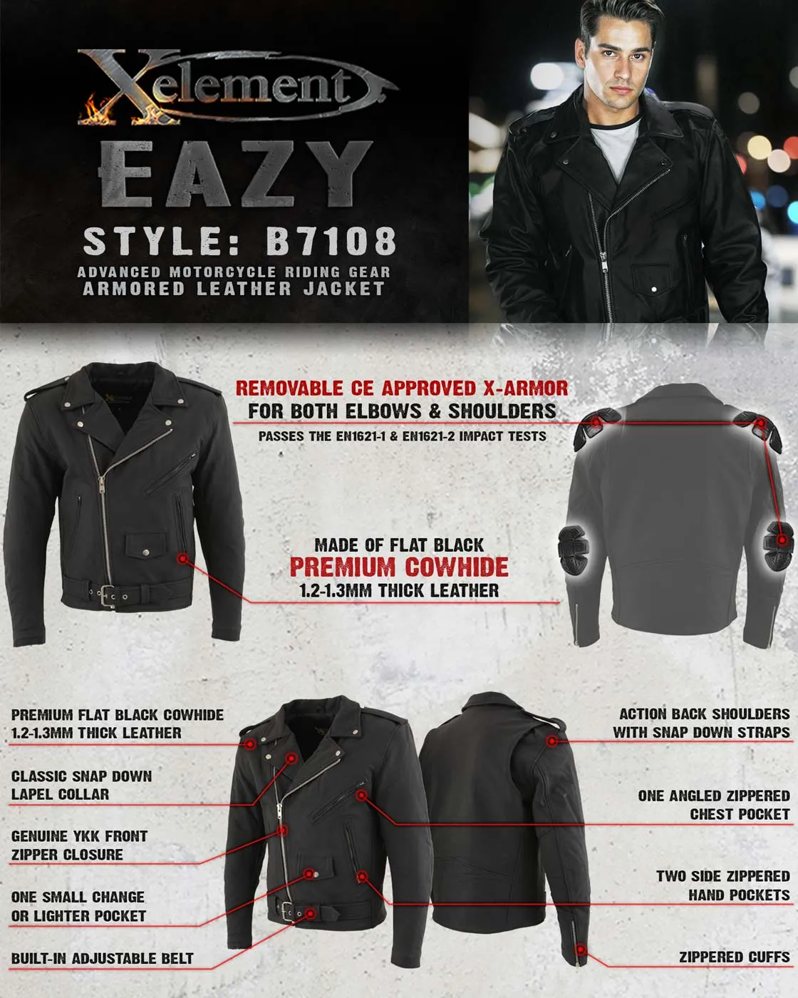 Xelement B7108 Men's 'Eazy' Flat Black Motorcycle Leather Jacket with