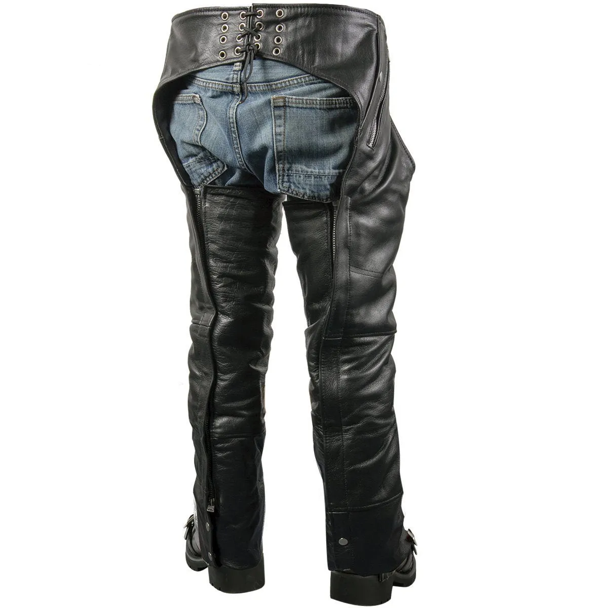 Xelement B7700 Motorcycle Leather Chaps for Men - Comfort Elastic Thigh High Grade Black Cowhide Overpants